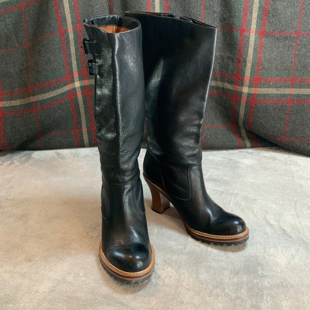 Frye Mildred Engineer Pull Black Leather Chunky Heel Lug Sole Boots 9.5M F2170